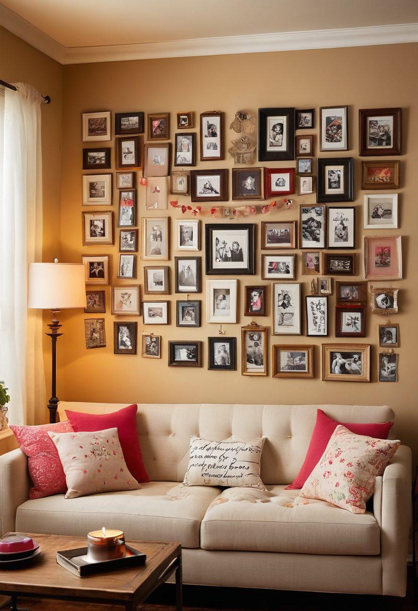 A cozy, warmly lit living room featuring diverse displays of affection, like hand-written love notes on the walls, framed photos of loved ones, and handmade decorations. Include a soft sofa with colorful cushions and a coffee table adorned with flowers and candles. The space should evoke feelings of love and warmth, showcasing personal touches that convey care and creativity. super-realistic. vibrant colors. soft lighting.