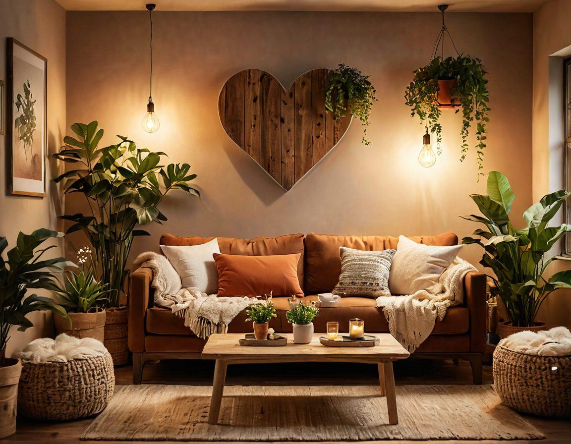 A cozy living room setting, with soft lighting, heart-shaped decor elements like cushions and wall art, a couple sharing a warm moment together, surrounded by plants and rustic furniture, emphasizing warmth and togetherness. super-realistic. warm colors. soft focus.